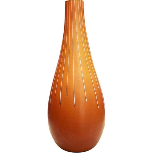 Vase ambre vintage décoré de rayons blancs et d'un rouge par Salviati Murano Francesco lucchese, 2005