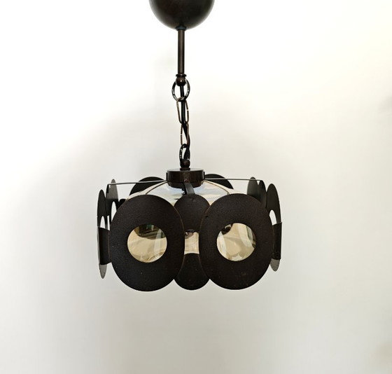 Image 1 of Lampe pendante vintage par Sijaj Hrastnik / Lampe suspendue Mid Century Modern / Lustre rétro géométrique en verre et marron, 19