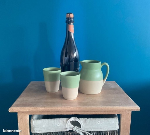 Digoin Sarreguemines 0.50 L Pitcher + 2 Matching Glasses – Vintage Aqua Green