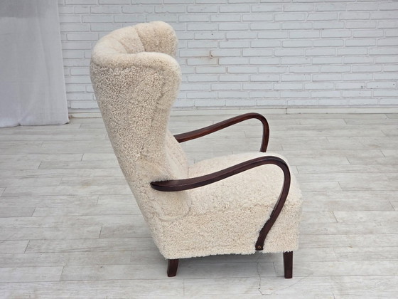 1960s, Danish high-back armchair, genuine sheepskin, reupholstered. – Wood (photo 15 of 22)