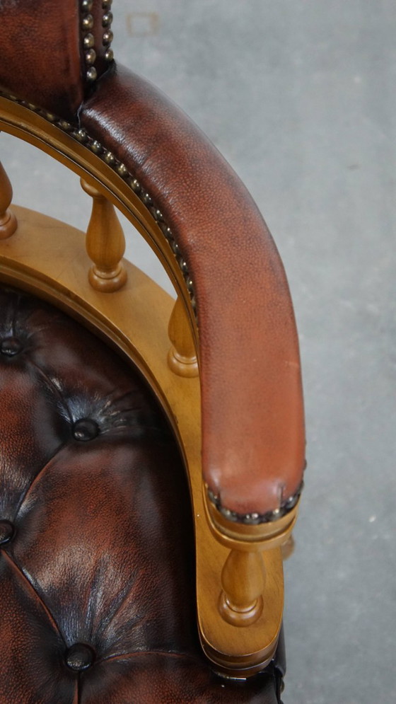 Image 1 of Brown height adjustable cowhide leather and wood chesterfield office chair on wheels
