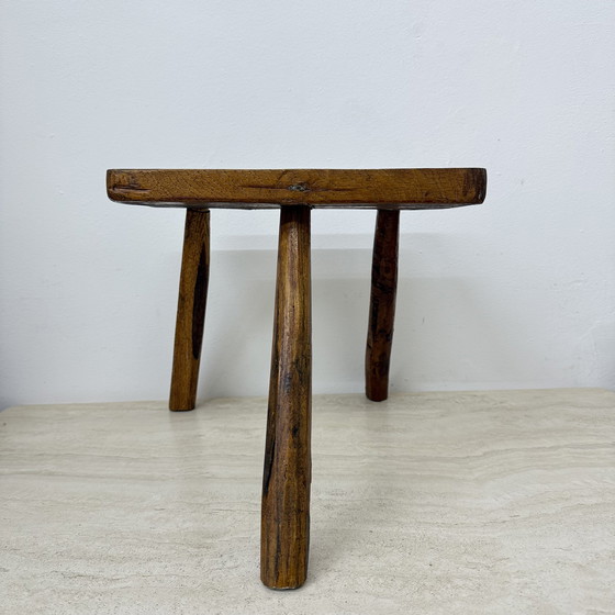 Image 1 of Vintage Brutalist Solid Wooden Stool Side Table