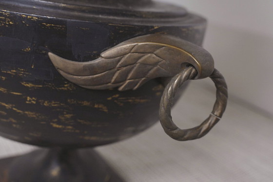 Image 1 of  Italian Neoclassical Amphora Table Lamp Black Patina Urn Base with Brass Handles Vintage Classical Lighting 