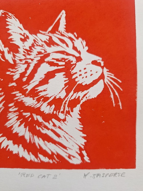 Linoprint 'Red Cat' – Y. Jasperse, Kunst, Papier (photo 3 of 8)