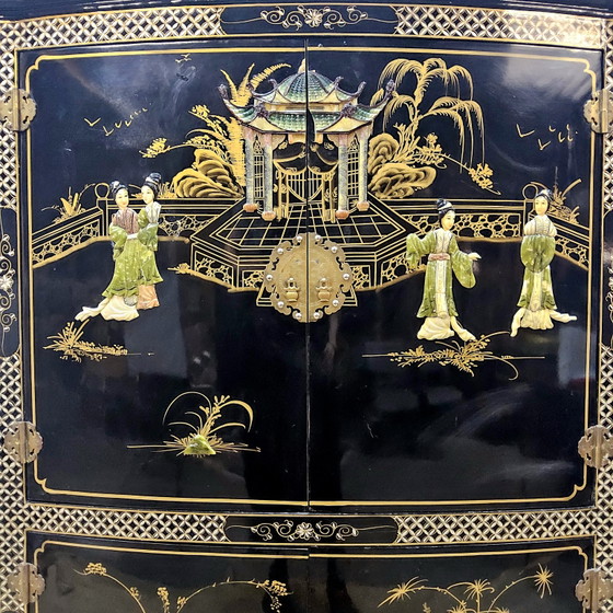 Vintage Chinese black lacquer cabinet (soapstone, mother-of-pearl) bohemian / oriental cabinet ^ bridal (photo 6 of 15)