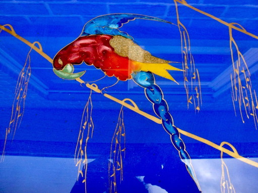 Large Art Deco tray with multicolored parrot (Macaw).