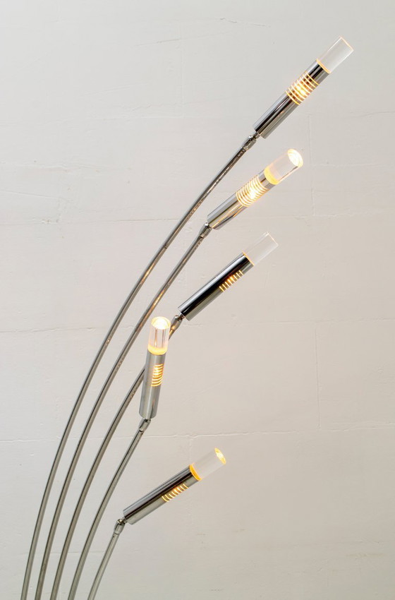 Image 1 of Midcentury Italian Arched Floor Lamp 5 Lights Chrome Metal and Lucite, 1960s