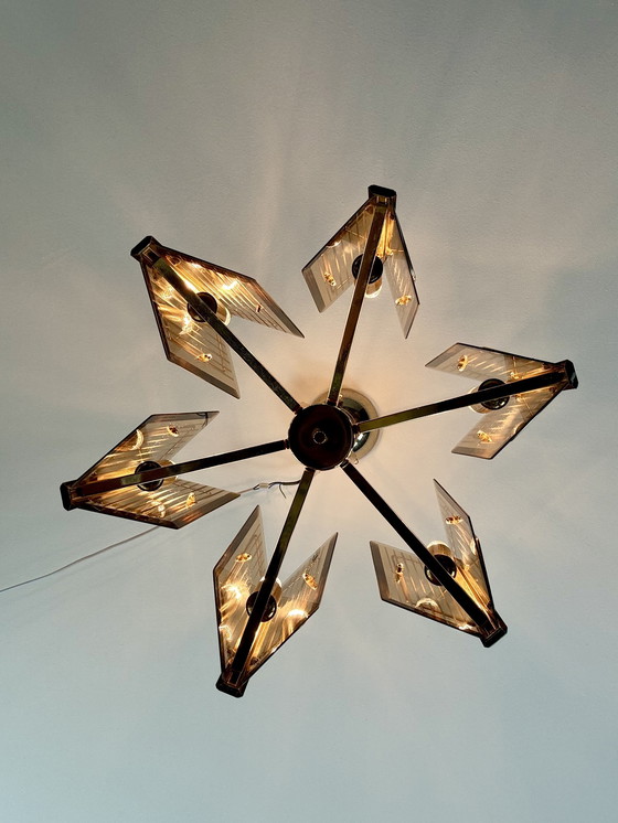 Image 1 of Massive Vintage Design Brass Chandelier With Etched Glass