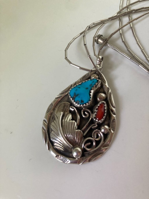 Navajo Indiaanse bloemenhanger (sterling zilver, turkoois, koraal)