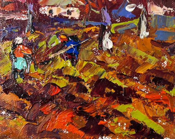 Image 1 of Original Oil Painting Autumn Village Landscape Waking garden beds
