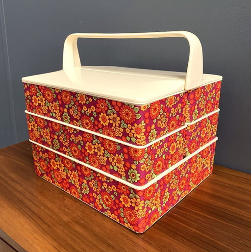 1970s plastic sewing box with flowerprint in original box