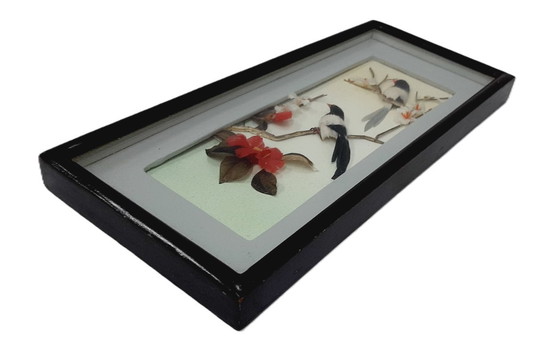 Image 1 of Composizione vintage di materiali naturali - uccelli in una cornice sotto vetro