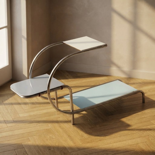 Bauhaus Tubular Steel Flower Stand by Emile Guyot for Thonet, Colored Glass Shelves, 1950s, Czechoslovakia, 79 × 30 x 105 cm