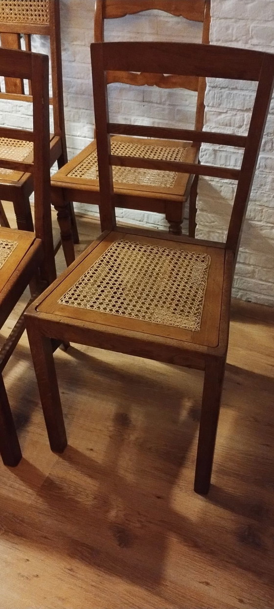 4 vintage eetkamerstoelen met webbing, Hout, Bruin (foto 3 van 13)