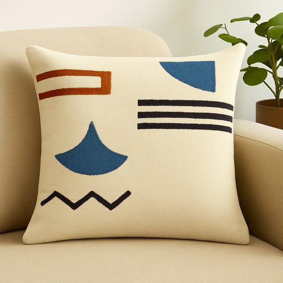 Image 1 of Fodera per cuscino in lana egiziana fatta a mano 40x40 cm – Grigio, blu e ruggine – Design geometrico – Cerniera sul retro