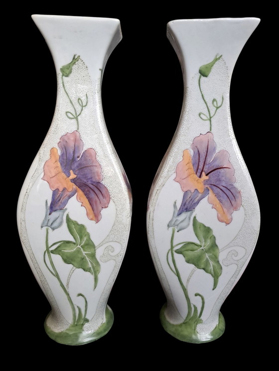 Image 1 of Two Art Nouveau Style Vases 2nd Half 20th Century, Hand-Painted With Flower Representations