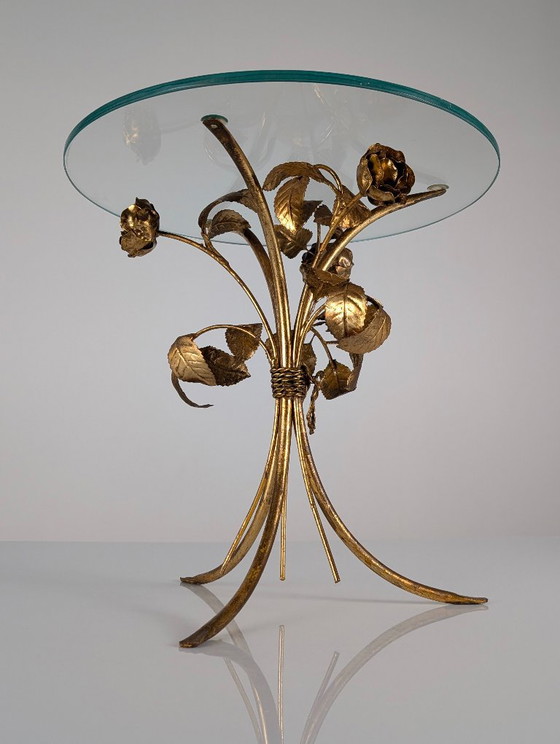 Mid-Century vergoldeter Metall Blumen Rosen Beistelltisch 1970er – Beistelltische, Glass (photo 18 of 18)