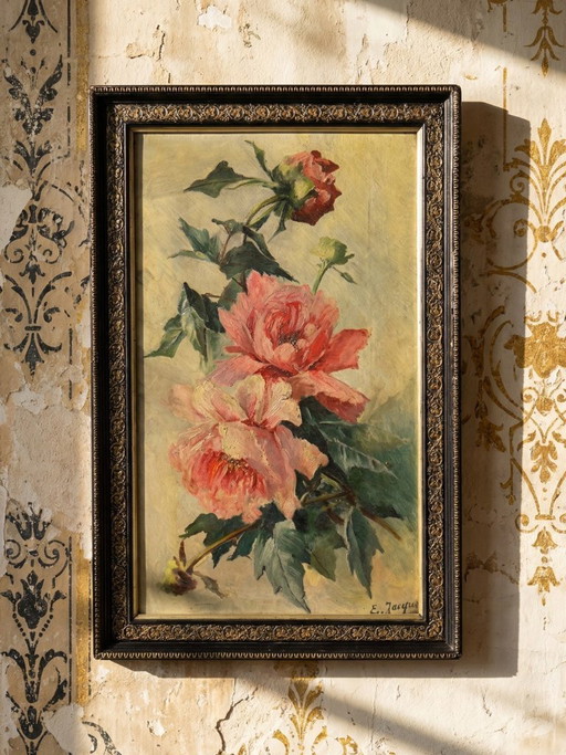 Large antique painting of peonies, signed E. Jacque, late 19th/early 20th century