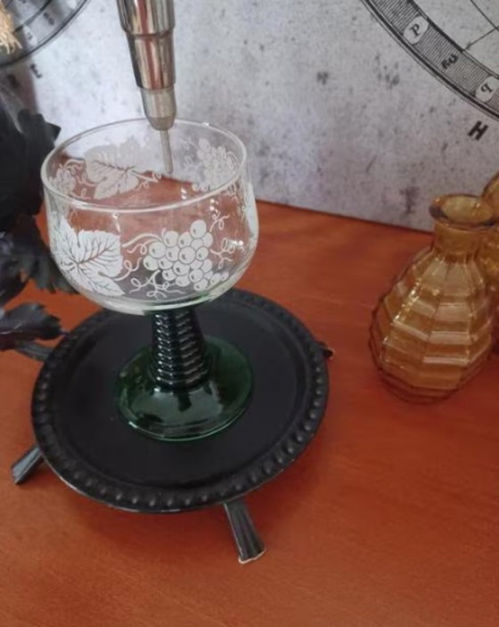 Image 1 of Vintage wrought iron wine decanter/carafe from the mid-20th century - Austrian Weinheber glass carafe with wine leaf base