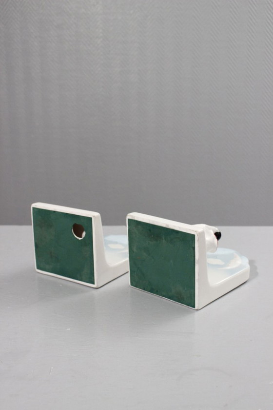 Image 1 of Pair of vintage earthenware bookends, Pierrot de la Lune design, 1980s
