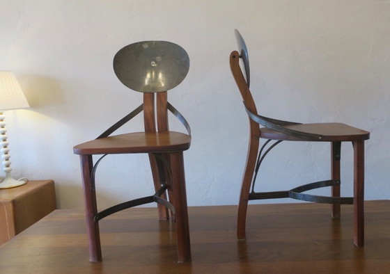 Image 1 of Brutalistische 6 Stühle und Esstisch aus Teakholz und patiniertem Stahl, 1960er Jahre