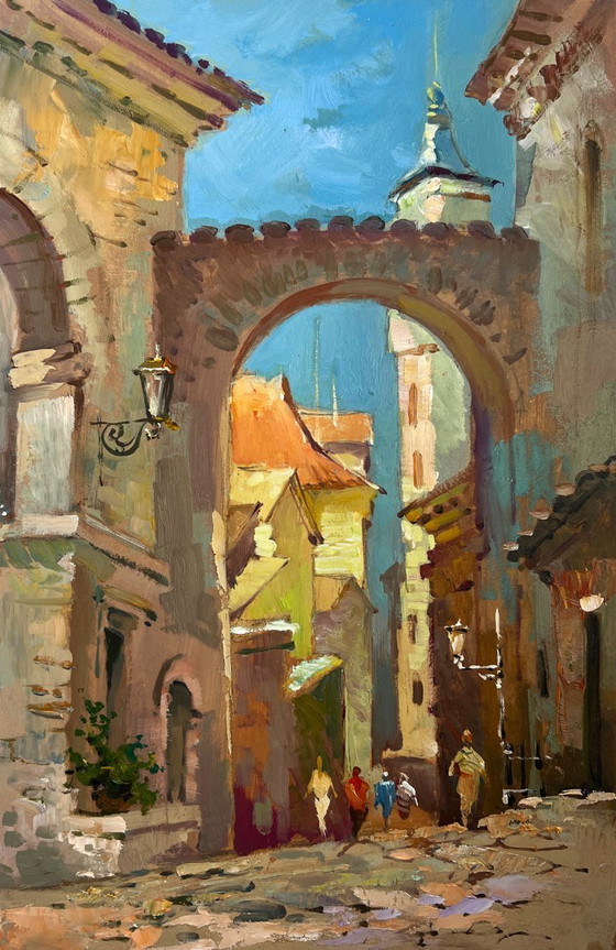 Image 1 of Dipinto ad olio originale Paesaggio urbano diurno Vecchia strada della città