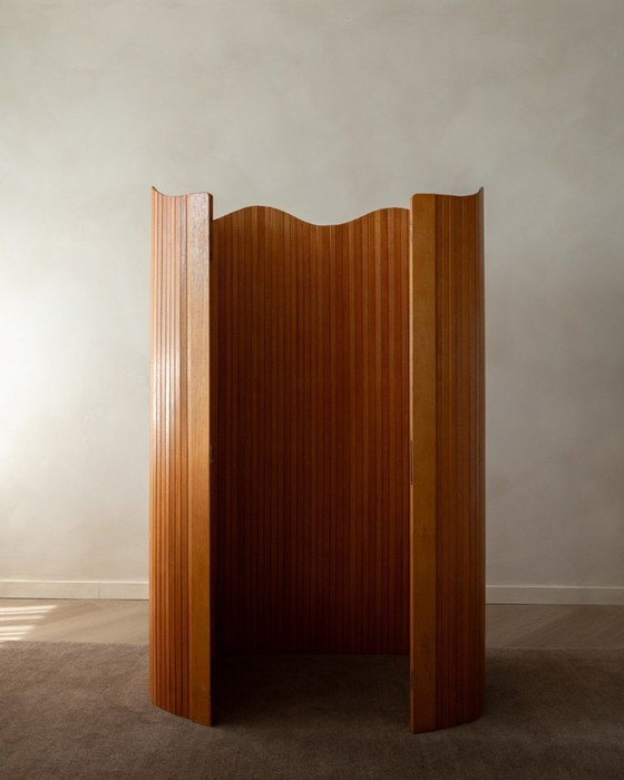 Image 1 of Vintage French Art Deco Pine Tambour Room Divider by Jomain Baumann for Baumann, 1930s
