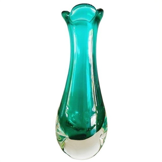 Image 1 of Vintage mid-century Murano glass Chambord vase Fratelli Toso green turquoise 1950's