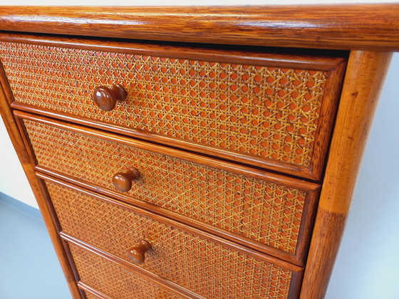 Image 1 of Commode Chiffonnier Semainier Vintage en Rotin, Bois et Cannage des Années 70