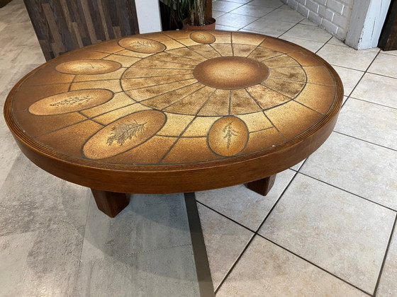 Image 1 of Table basse ronde ovale céramique Barrois Vallauris de 1960 modèle herbier vintage