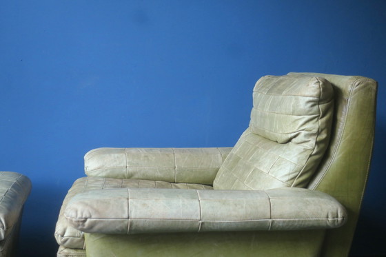 Image 1 of Patchwork Leather Lounge Chair and Ottoman in Olive Green by Laauser, 1970s