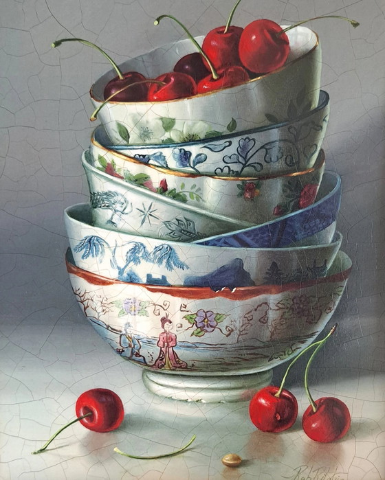 Image 1 of Bodegón con cuencos apilados y cerezas