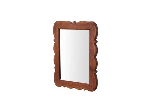 Massiver Eichenspiegel mit gewelltem Rand – Holz, Glas, Mid Century Modern (photo 2 of 4)