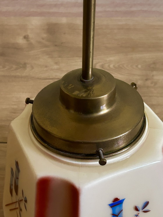 Exklusive Art-Deco-Pendelleuchte aus den 1930er-Jahren – Sechseckiges Opalglas mit Sprühdekor – Art Deco (photo 8 of 9)