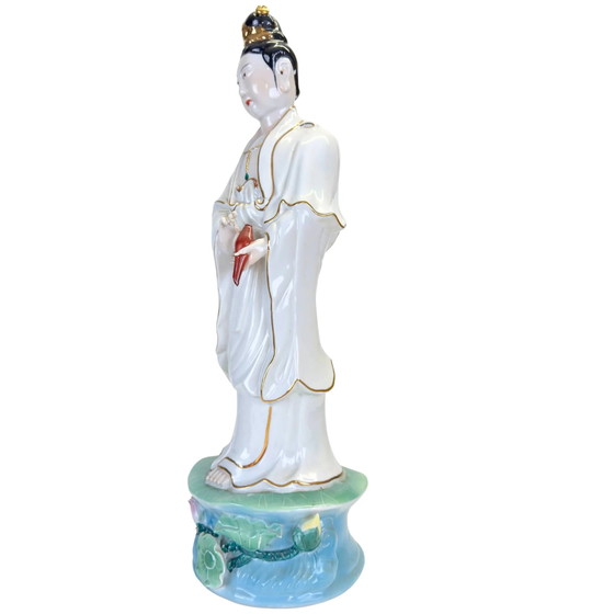 Grande statue de porcelaine Guan Yin style antique – 47 cm – Blanc et Or – Sculptures, Gold (photo 9 of 10)