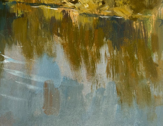 Image 1 of Dipinto ad olio originale raffigurante un paesaggio fluviale costiero con un traghetto su un lungo fiume.