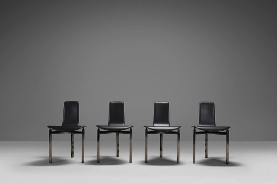 Fauteuils en cuir et chrome à trois pieds, Italie, années 1970 – Chaises de salle à manger, Leather, Vintage (photo 8 of 9)