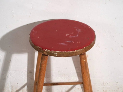 Antieke houten kruk met ronde zitting – Centraal-Europa, circa 1950 – krukjes, Wood, Rustic (photo 2 of 6)