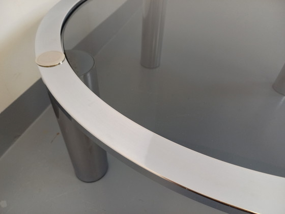 Image 1 of Table Basse Ronde Vintage en Verre Fumé et Métal Chromé des Années 70