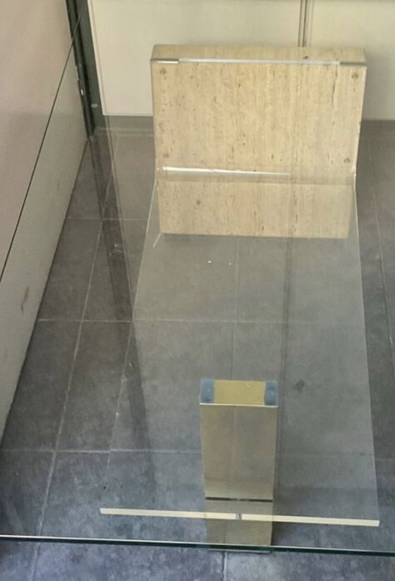 Image 1 of 70s glass and travertine coffee table
