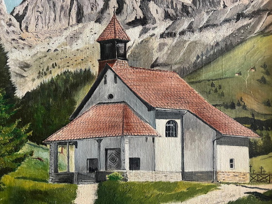 Image 1 of Peinture à l'huile - Paysage alpin avec église Signé M. Knerr 56 × 46 cm Avec cadre