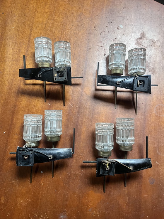 Image 1 of Lot de 2 Paires d'Applique en Verre, Laiton et Métal Laqué Noir, 1950