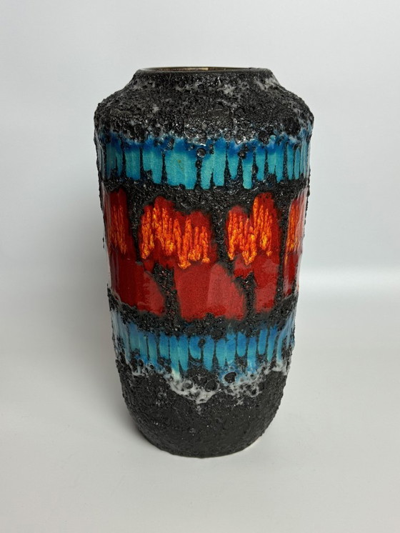 Image 1 of Large Ceramic Black Fat Lava Vase with Brilliant Azur Blue and Orange Enamel Accents, West Germany 1970s.