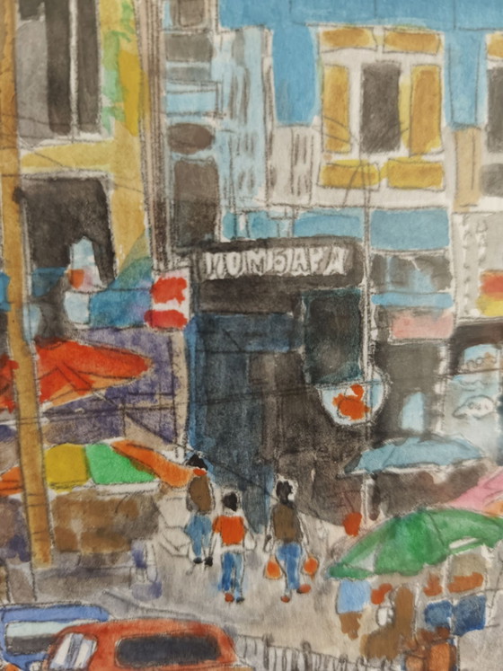Acquerello "Street life Port Louis Mauritius", Dipinti e disegni, Carta, Multicolore (foto 4 di 8)