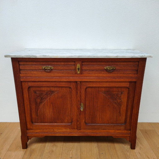 Vintage dresser, sideboard, chest of drawers bathroom vanity with white marble top.