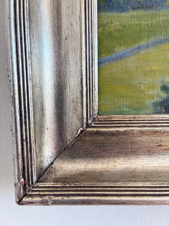 Image 1 of Peinture à l'huile originale vintage représentant un paysage champêtre.