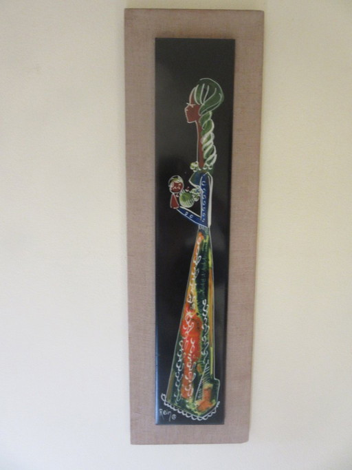 Placa de cerámica para colgar en la pared con la imagen de una madre y su hijo, estilo moderno de mediados de siglo, firmada por