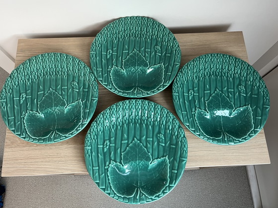 Image 1 of Splendido set di 4 piatti francesi Barbotine per asparagi – Maiolica turchese