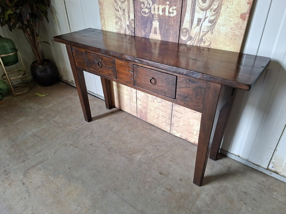 Robuuste teakhouten sidetable, haltafel, console afm. 145x38cm en 79cm hoog. – Wood (photo 2 of 5)