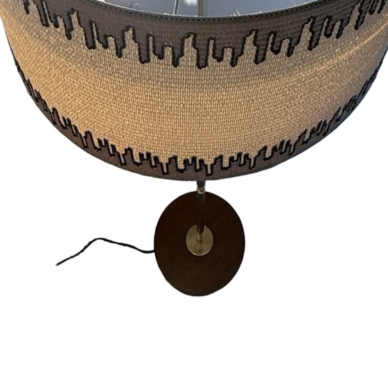 Image 1 of Temde Leuchten - Floor lamp - Space age design - Brass and teak wooden base - fabric covered shade - ca. 1960’s